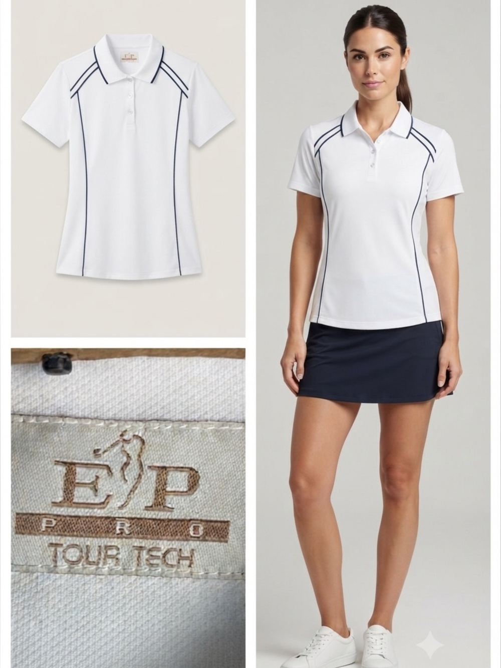 EP PRO Tour Womens Golf Tennis Polo S White Black Quiet Luxury Dry Wicking Shirt